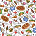 Vector colorful pattern on the theme of fast food. Background with cartoon burger, chips, pizza, sandwich, ice cream Royalty Free Stock Photo
